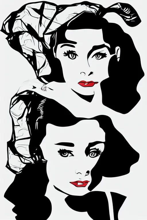 Prompt: digital illustration of Audrey Hepburn by Patrick Nagel artist in black and white