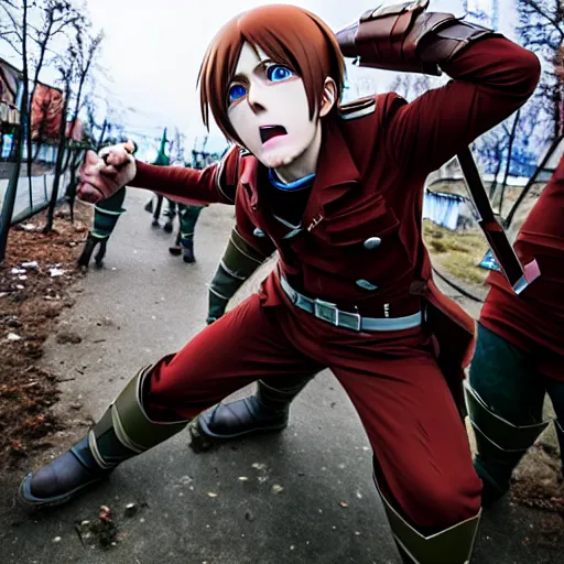 Prompt: titan from the anime attack on titan attacks russian khrushchevki in the saransk, russian melancholy, photography