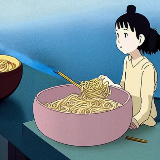 Image similar to Elle Fanning eating noodles in spirited away, by Studio Ghibli,