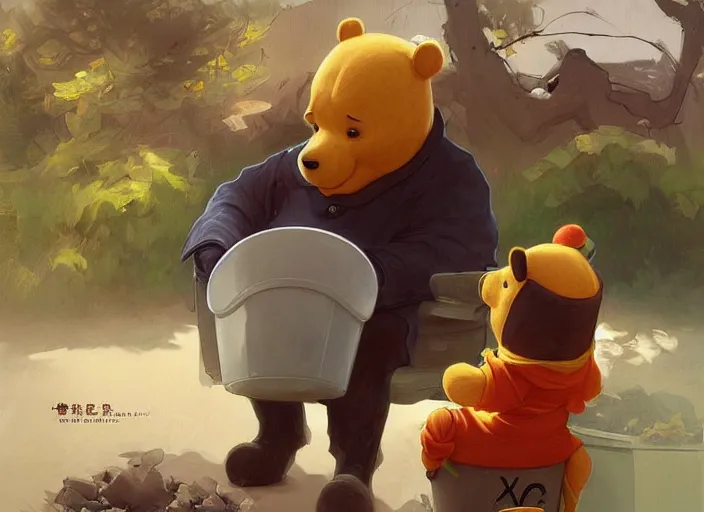 Prompt: portrait of Xi Jinping dressing up as Winnie the Pooh in a trashy Chinese dirt poor trashcan, hungry, beta weak male, digital painting, concept art, smooth, sharp focus, illustration, from Metal Gear, by Ruan Jia and Mandy Jurgens and William-Adolphe Bouguereau, Artgerm