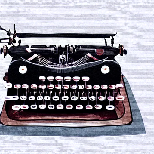 Image similar to painting of a typewriter on a desk in a dimly lit room, volumetric lighting, style of greg rutkowski