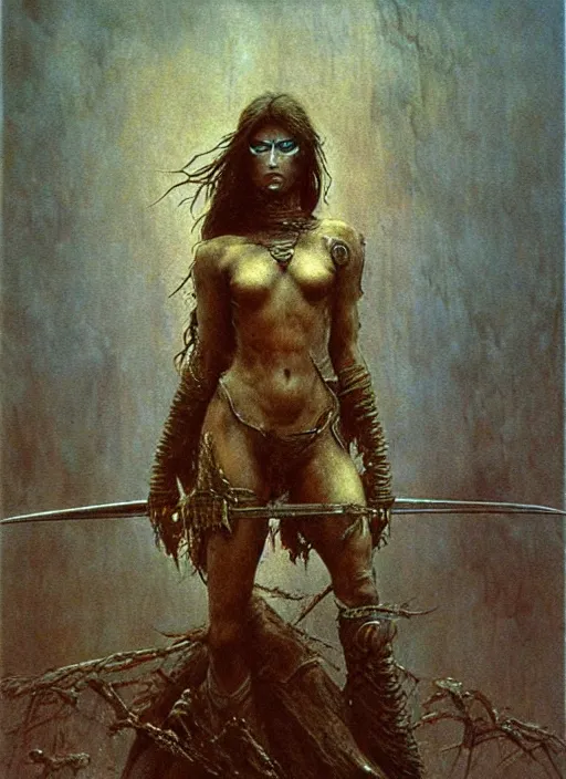 Image similar to warrior princess by Beksinski and Luis Royo