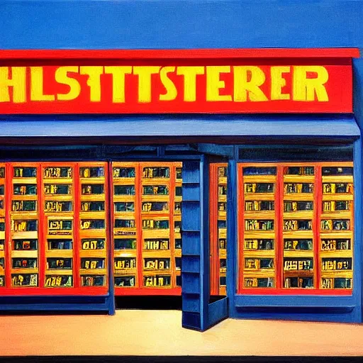 Image similar to painting of a blockbuster movie rental store by edward hopper