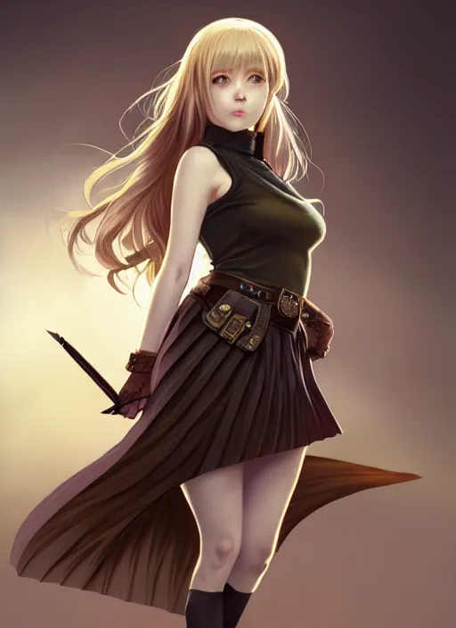 Image similar to portrait of a full body of beautiful young female detective, d & d, sleeveless turtleneck, pleated skirt, fantasy, flat lighting, intricate, highly detailed, digital painting, artstation, concept art, smooth, sharp focus, illustration, misa amane, art by simon bisley and greg rutkowski and alphonse mucha, natural tpose
