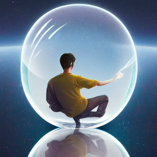Prompt: a young man alone in a transparent spherical capsule in the middle of outer space, digital art