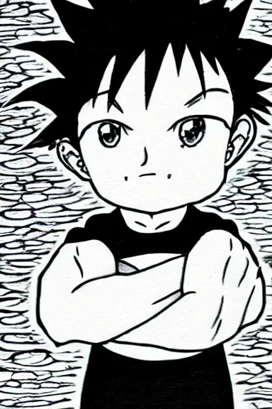 Prompt: attractive little boy in black cat suit, black and white artwork made by yoshihiro togashi,