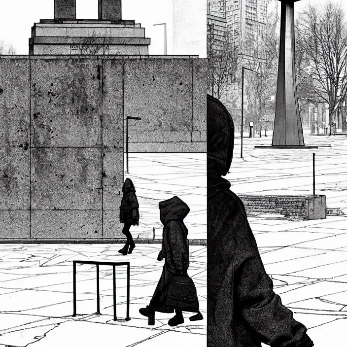 Image similar to sadie sink in hoodie sits on bench in ruined square, pedestrians walk by, old soviet monument. storyboard, scifi cyberpunk. by gabriel hardman, joe alves, chris bonura. cinematic atmosphere, detailed and intricate, perfect anatomy