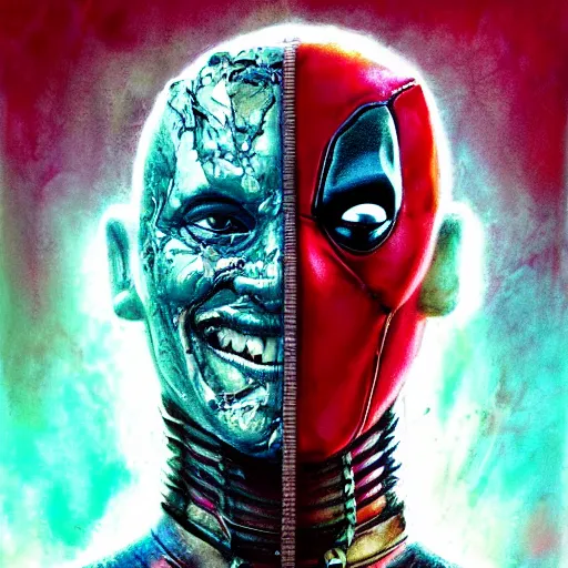 Image similar to portrait of Deadpool, cameras, melting ,8k,by tristan eaton,Stanley Artgermm,Tom Bagshaw,Greg Rutkowski,Carne Griffiths, Ayami Kojima, Beksinski, Giger,trending on DeviantArt,face enhance,hyper detailed,minimalist,cybernetic, android, blade runner,full of colour W 1024