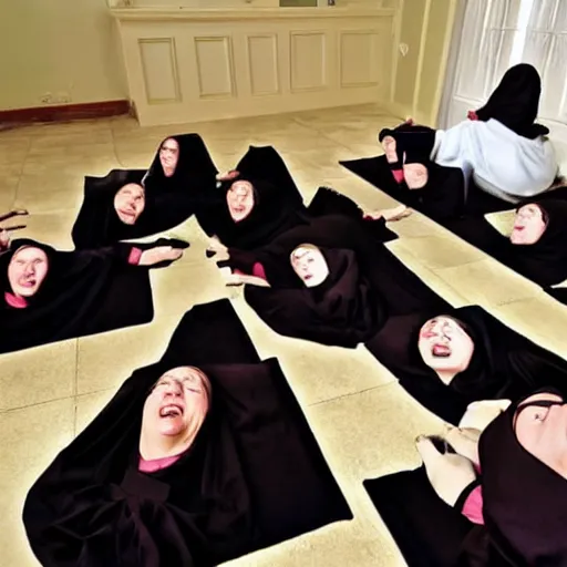 Image similar to award winning photo of nuns playing twister in a sanctuary —width 1024 —height 1024