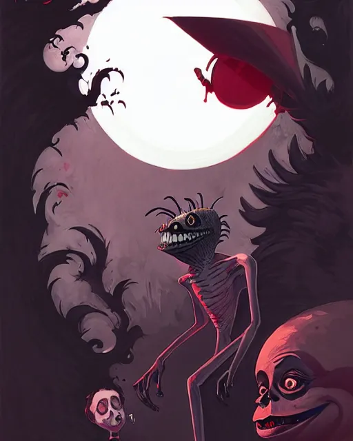 Prompt: beetlejuice doing his thing, by atey ghailan, by greg rutkowski, by greg tocchini, by james gilleard, by joe fenton, by kaethe butcher, red, black, crimson and grey color scheme