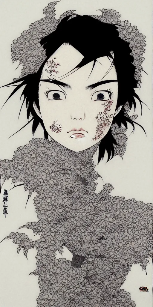 Image similar to prompt: Fragile looking figure, portrait face drawn by Takato Yamamoto and Katsuhiro Otomo, full body character drawing, inspired by Evangeleon and Akira 1988, clean ink detailed line drawing, intricate detail, manga 1980, portrait centric composition