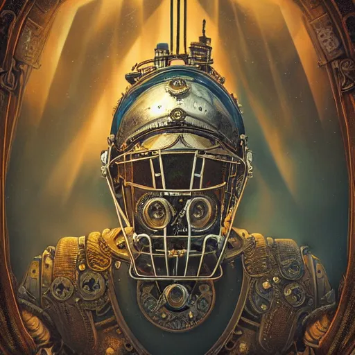 Prompt: dan mumford tom bagshaw, dream world curiosities carnival flying, photorealistic octane render of a single very beautiful helmet full long steampunk metallic armored ornate, partial symmetry accurate features, focus, very intricate ultrafine details, award winning masterpiece, steampunk world