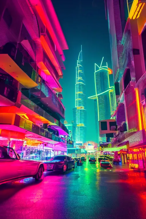 Image similar to neon streets of dubai, 4 k, award winning photo