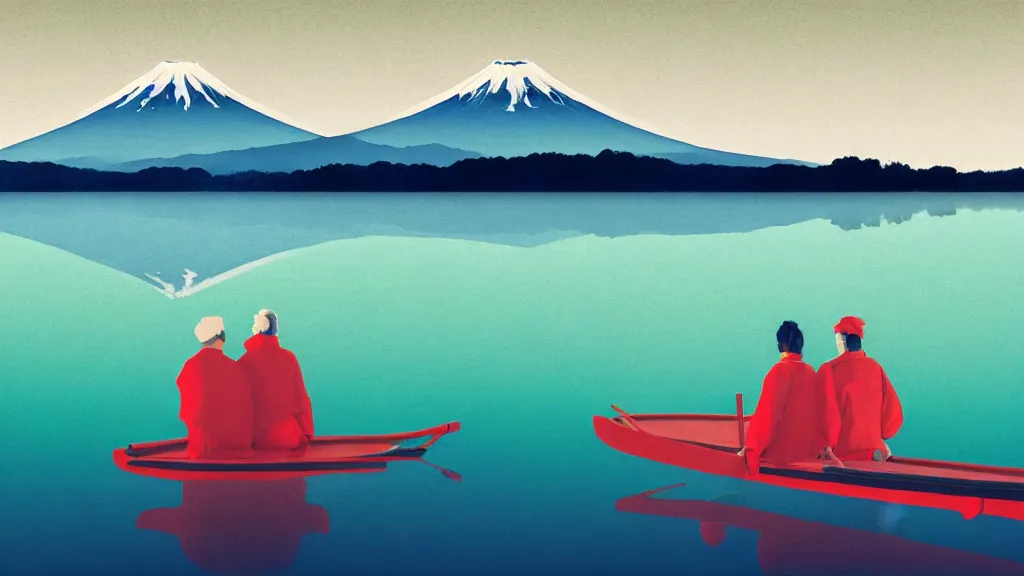 Image similar to a scene of two travellers and their campter touring at yamanaka lake, reflecting mount fuji, japan, a collage painting, in the style of wes anderson, lola dupre, david hockney, isolated on negative white space background dark monochrome neon spraypaint accents volumetric octane render