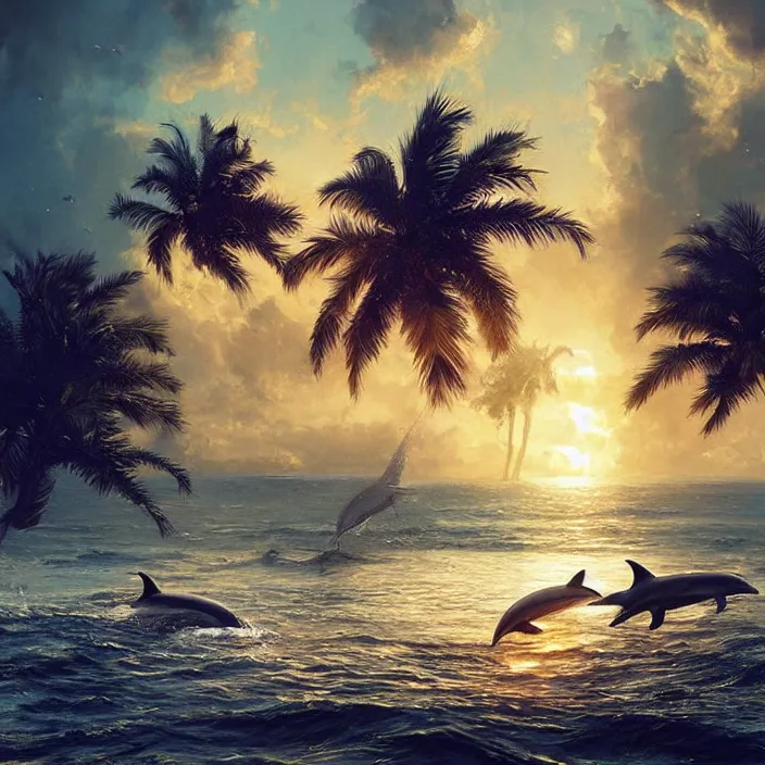 Image similar to dolphins swimming, golden hour, god rays, by greg rutkowski and artgerm and ruan jia and ismail inceoglu and greg olsen, palm trees, cosmos, milky way galaxy, masterpiece, beautiful, intricate, elegant, highly detailed