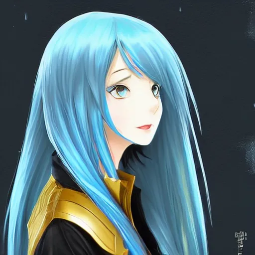 Image similar to side profile of rimuru tempest with sky blue hair, long hair, sharp face, gold eyes, high collar, black jacket | shiny, highly detailed, rain, professional digital painting, concept art, award - winning photography, cinematic, wlop | art by pixiv art, yoshitaka amano, junki ito