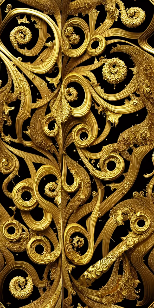 Image similar to subsurface scattering, seamless 3 d baroque gold and black pattern, beautiful dynamic shadows, gold silver iridescent pearls and swarovski crystals, symmetrical, rococo elements, damask pattern, swirls and spirals, dolce and gabanna, michelangelo, iris van herpen artstation, versace pattern, concept design art, octane render, 8 k