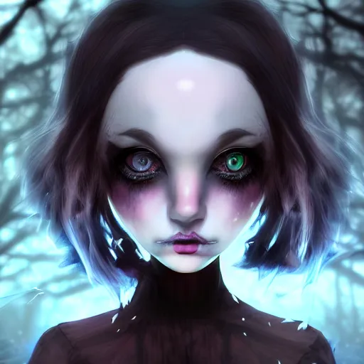 Prompt: portrait of beautiful darkness witch 3D anime girl, dark forest background, inspired by Tim Burton, digital painting, unreal engine render, volumetric light, high détail
