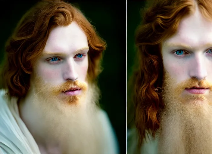 Image similar to portrait photography of a beautiful man how pre-Raphaelites beauty type in style of Nicolas False, britt marling style 3/4 , he has a short beard, ginger hair, beautiful ethereal lace white robes, 8K, soft light, volumetric lighting, highly detailed Realistic, Refined, Highly Detailed, natural outdoor soft pastel lighting colors scheme, outdoor fine art photography