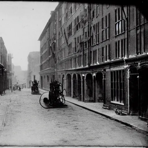 Image similar to grainy 1800s photo of a city street with robotic horses