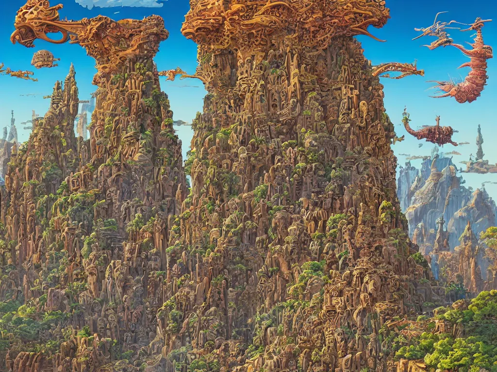 Prompt: epic temple with spires and carvings, stone canyon, flying creatures, colorful clouds, alien world, by Geof Darrow and Roger Dean, science fiction, trending on artstation, detailed, hyper-detailed