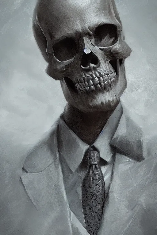 Image similar to concept art skull gentleman, close - up portrait, powerfull, intricate, elegant, volumetric lighting, scenery, digital painting, highly detailed, artstation, sharp focus, illustration, concept art, ruan jia, steve mccurry