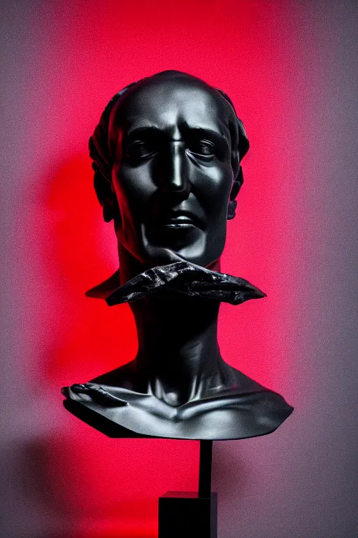 Image similar to polished black marble bust of a man with half skull statue hiding his face under a red velvet veil, sculpted by hedi xandt, epic and cinematic view, volummetric light, texturized, detailed, 8 k