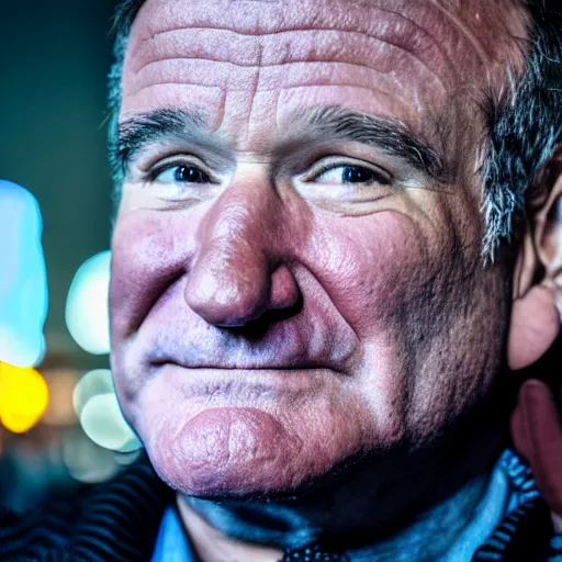 Image similar to a still of Robin Williams. Shallow depth of field. City at night in background, lights, colors ,studio lighting, mood, 4K. Profession photography