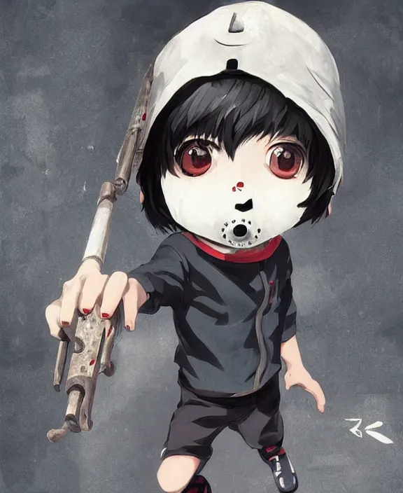 Image similar to cute little boy with black hair anime character inspired by jason voorhees, art by rossdraws, wlop, ilya kuvshinov, artgem lau, sakimichan, jakub rebelka and makoto shinkai, anatomically correct, extremely coherent, highly detailed, sharp focus, slasher movies, smooth, very realistic, symmetrical