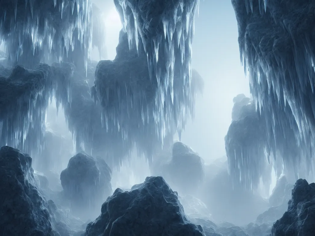 Prompt: foggy translucent crystal cave, home of ice fairies; by noah bradley; hyperrealistic, 4K wallpaper, Unreal Engine, highly detailed, dramatic Lighting, beautiful