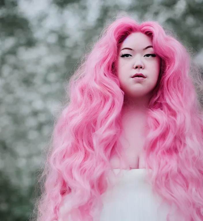 Image similar to a photograph of rose quartz from steven universe, portrait photography, 8 5 mm, iso 4 0 0, focus mode, detailed portrait, gigantic pink ringlets, huge pink hair, chubby, white dress, gorgeous, kind features, beautiful woman, flattering photo, daylight