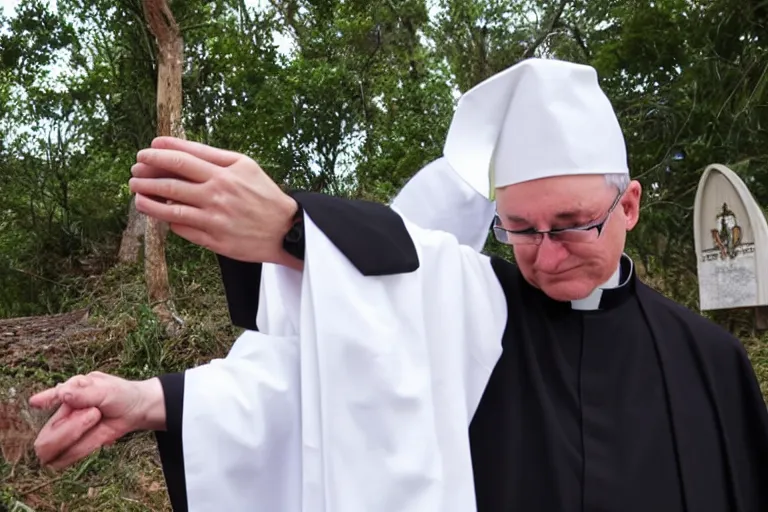 Prompt: catholic priest blessing a pile of illicit substances