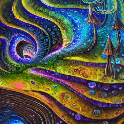 Prompt: mushroom houses spiraling into infinity, abomination, oil painting, highly detailed, 4 k