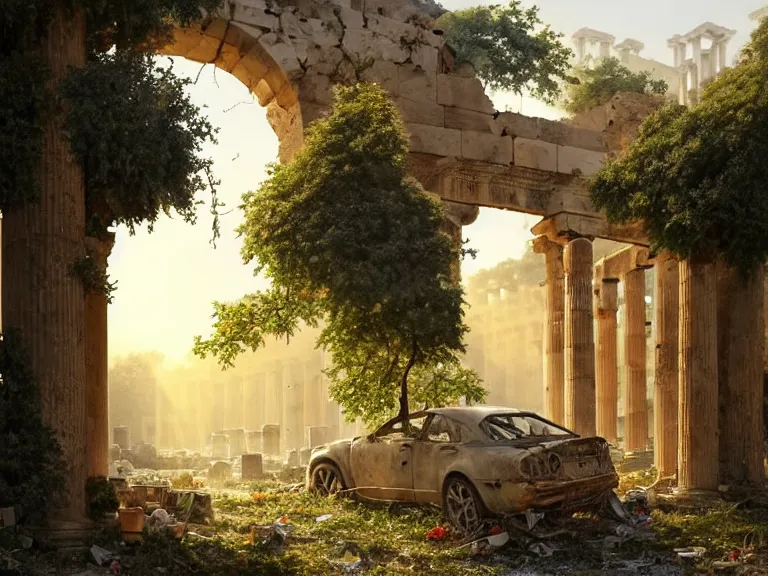 Image similar to tree growing in ancient greek ruins, gray wasteland, many scrap cars, plastic waste, rubble, pillars, flowers, vines, hyperrealistic, highly detailed, cinematic, single ray of golden sunlight, beautiful, cgssociety, artstation, 8 k, oil painting by greg rutkowski, by artgerm, by wlop