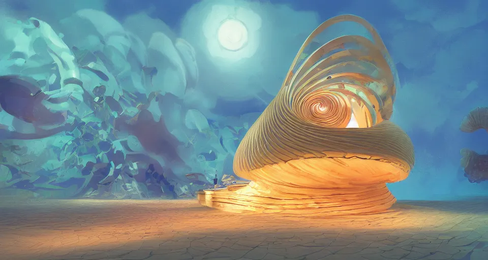 Image similar to digital painting of a tiny sacred spiral, procedural seashell house surrounded by dreamy coral, syd mead, cell shaded graphics, concept art, minimalist, golden ratio