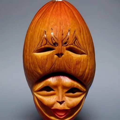 Image similar to a [ gourd ] carved shaped to look like ( amber heard face ) hybrid intercross