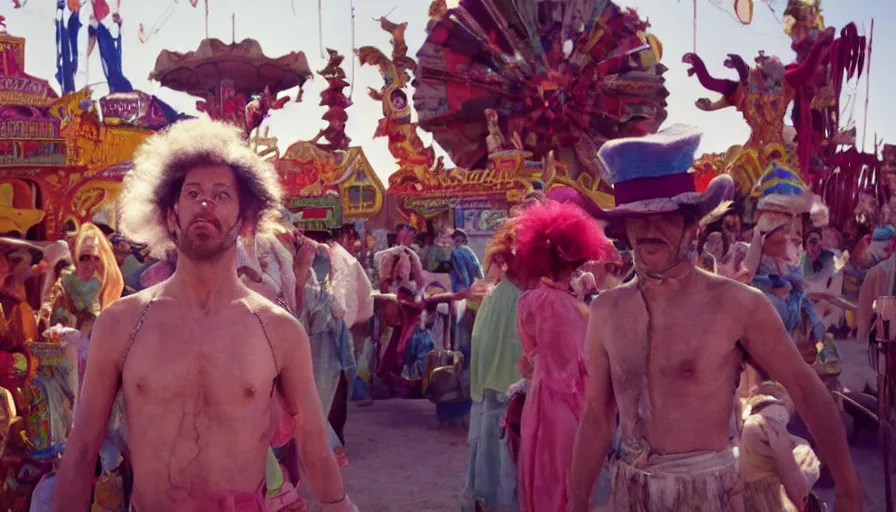 Prompt: movie still by alejandro jodorowsky of a carnival in the desert, cinestill 8 0 0 t eastmancolor technicolor, high quality, very detailed, heavy grain, fine facial features, 8 k, octane render