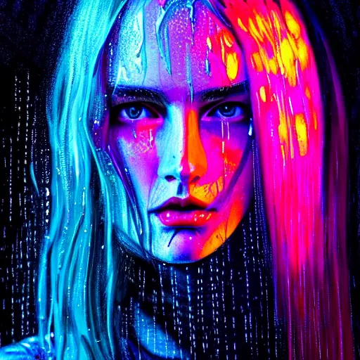 Image similar to bright asthetic portrait LSD glowing backlit rain on face and wet hair in strands, overhead lighting, fantasy, intricate, elegant, dramatic lighting, highly detailed, lifelike, photorealistic, digital painting, artstation, illustration, concept art, smooth, sharp focus, art by John Collier and Albert Aublet and Krenz Cushart and Artem Demura and Alphonse Mucha