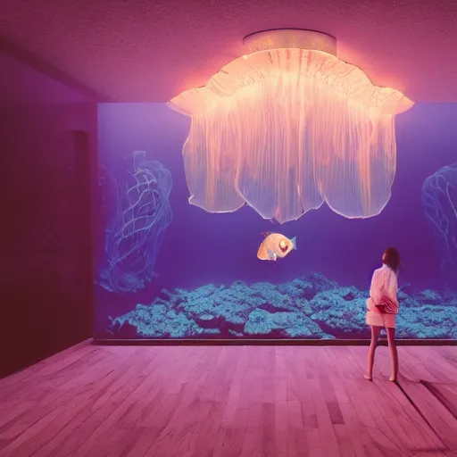 Prompt: the realistic photo of the modern room as aquarium with a chandelier as a big jellyfish, beautiful corals on the walls and sharks in the big panoramic window, under the ocean, realistic colors, realistic shadows, daylight made in blender, hd, 3 d by beeple and damian hirst