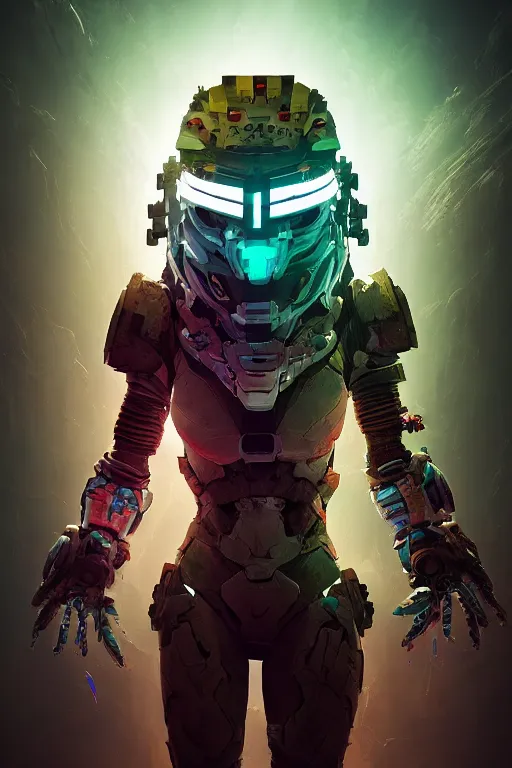 Image similar to strange creature in dead space space suit radiating a glowing aura horizon forbidden west horizon zero dawn global illumination ray tracing hdr fanart arstation by ian pesty and alena aenami artworks in 4 k tribal robot ninja mask helmet backpack