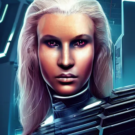 Prompt: full body shot of a very pretty blond borg queen on a borg ship, cybernetic implants, perfect face, symmetrical face, moody lighting, shallow depth of field, artstation trending,