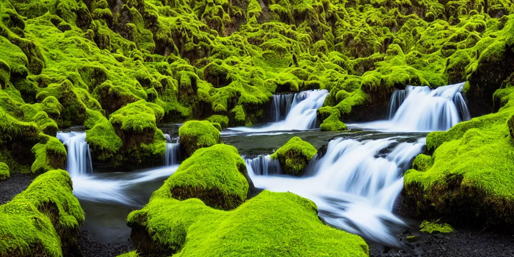 Prompt: photo of a landscape with lush forest, wallpaper, very very wide shot, iceland, new zeeland, green flush moss, national geographic, award landscape photography, professional landscape photography, waterfall, stream of water, small colorful flowers, big sharp rock, ancient forest, primordial, sunny, day time, beautiful