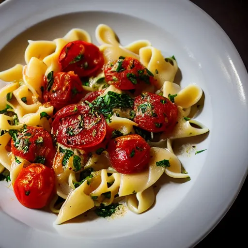 Image similar to a dramatically lit photo of a fancy scallop pasta with tomatoes