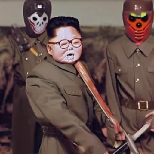 Image similar to a still of Kim Jong-il as Jason Voorhees, north Korean slasher, iconic hockey mask, machete