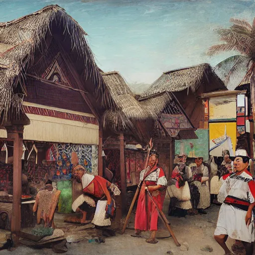 Image similar to architectural painting of Indonesian Maori Tlingit bazaar, by Bruegel and Greg Rutkowski and Nathan Jackson