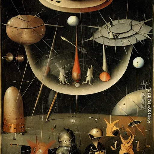 Prompt: space battle by hieronymus bosch