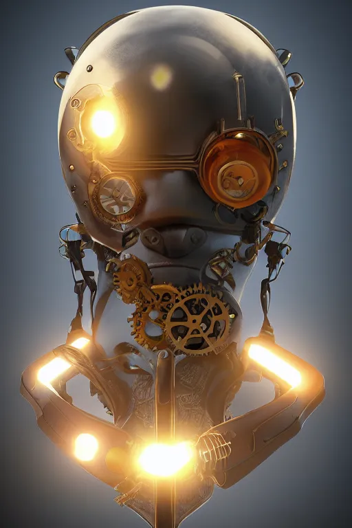 Image similar to steampunk mask minimalist fantasy art robot ninja helmet, global illumination ray tracing hdr fanart arstation by sung choi and eric pfeiffer and gabriel garza and casper konefal radiating a glowing aura