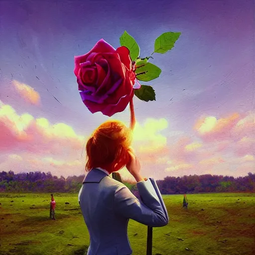 Image similar to closeup, giant rose flower head, frontal, girl in a suit, surreal photography, sunrise, blue sky, dramatic light, impressionist painting, digital painting, artstation, simon stalenhag