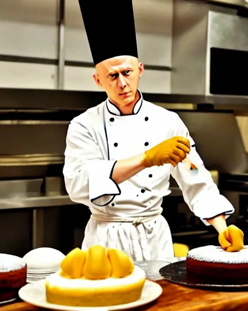 Image similar to chef saitama one punch man, dressed as a pastry chef, fiercely focused at making a cake, beautiful anime artwork