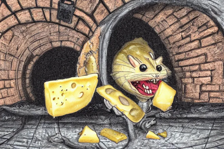 Image similar to a giant creepy rat eating cheese in a sewer, photo - realistic, hyper realism,